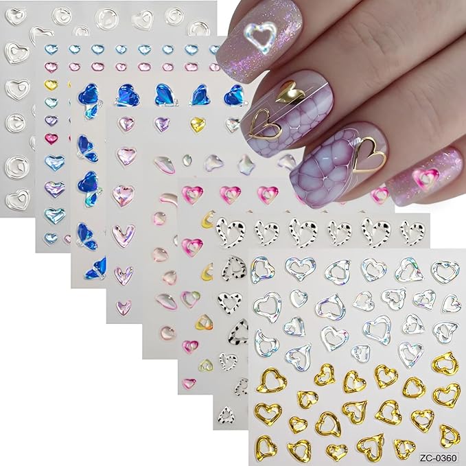 8Sheets 5D Embossed Valentine's Day Heart Nail Art Stickers - Blue Pink Aurora Gold Decals for Women Girls - Cute Nail Supplies
