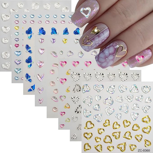 8Sheets 5D Embossed Valentine's Day Heart Nail Art Stickers - Blue Pink Aurora Gold Decals for Women Girls - Cute Nail Supplies