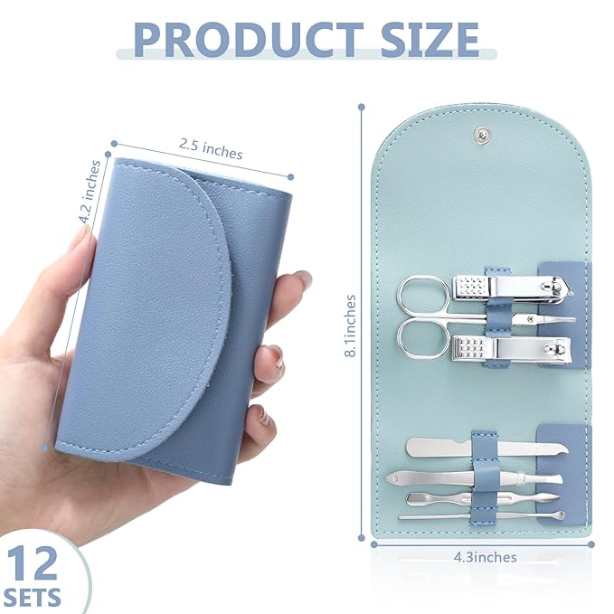 12 Set Manicure Set Bulk Mini Manicure Nail Clipper Kit 7 in 1 Stainless Steel Professional Nail Care Pedicure with Travel Portable Bag Grooming Kits for Christmas Women Men Home(Dark Blue)