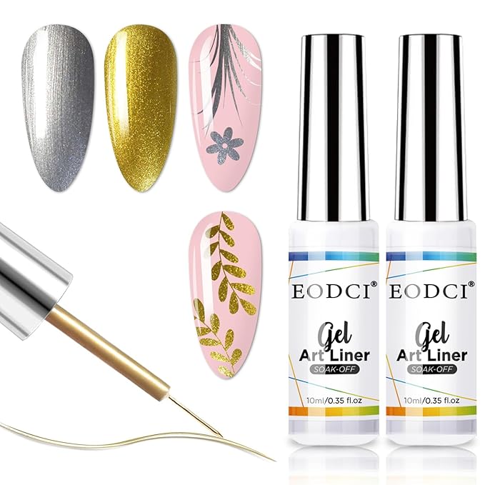 2pcs Metallic Gel Liner Nail Art Silver Bronze Gold Set, Nail Polish 10ml Build in Thin Brush Shine Soak Off UV/LED Manicure Gold and Silver Gel Liner Nail Art