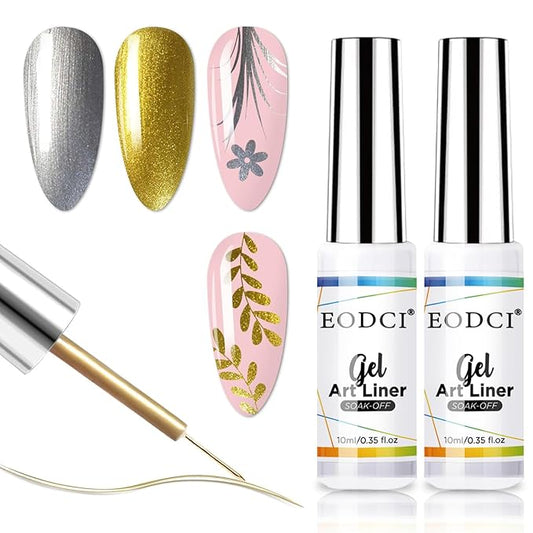 2pcs Metallic Gel Liner Nail Art Silver Bronze Gold Set, Nail Polish 10ml Build in Thin Brush Shine Soak Off UV/LED Manicure Gold and Silver Gel Liner Nail Art