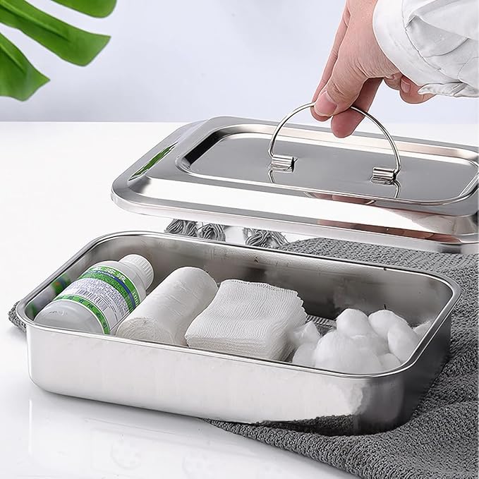 Easyinsmile Medical Surgical Tray Dental Sterilization Instruments Tray Organizer Holder with Lid & Handle Grip (Silver)