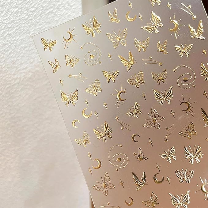 Gold Butterfly Nail Art Stickers Star Moon Nails Stickers Self-adhsive Nail Decals 5D Embossed Nail Design for Women Girls Nail Accessories