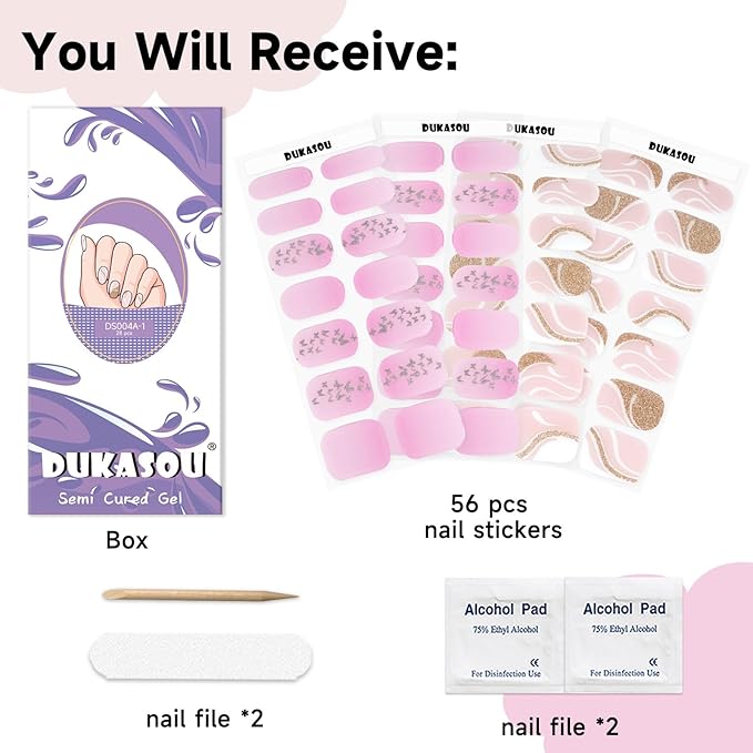 Semi Cured Gel Nail Strips 2 Set, (French,Gradient Pink) 56 Pcs Gel Nail Stickers Wraps, Works with Any UV Lamps,Long Lasting DIY Nail Art Gift for Women,Salon-Quality, Easy to Apply
