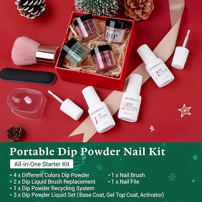 AZUREBEAUTY Christmas Dip Powder Nail Kit, 4 Colors Red Green Gold Glitter Dipping Powder System Liquid Set Recycling Tray, French Nail Art Base & Top Coat Activator DIY Salon.