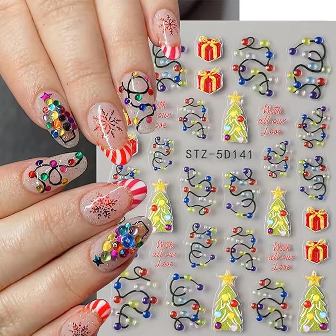 2pcs Christmas Nail Art Stickers 5D Embossed Colorful Christmas Light Strips & Green Christmas Tree Design Nail Adhesive Stickers Xmas Nail Decals Red Gift Sticker for Women DIY Manicure Decor Tips