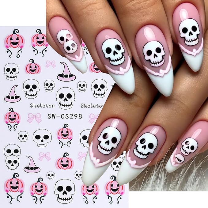 Halloween Nail Art Stickers Decals Skull Bat 3D Self-Adhesive Nail Decals Nail Art Supplies 6PCS Spider Web Butterfly Pumpkin Halloween Nails Design Manicure Sliders for Women DIY Nail Decorations