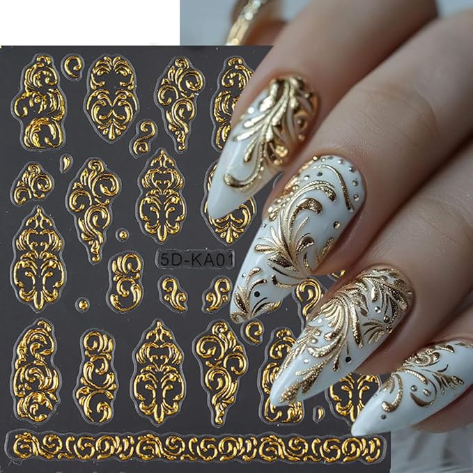5D Gold Nail Stickers Embossed Bronzing Butterfly Flower Nails Decals Self Adhesive Retro Totem Floral Nails Design Sticker Fall Nail Art Stickers Decor for Women Acrylic Manicure Accessories 2Pcs