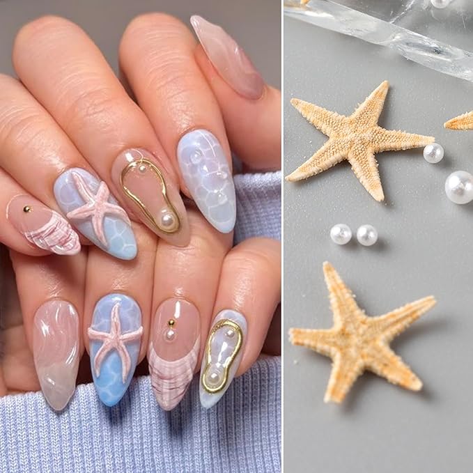 Summer Nail Art Rhinestones Ocean Nail Charm Shiny Shell Starfish Pearl Nail Design 3D Beach Theme Summer Nails Cute Nail Charm for Acrylic Nail Supplies DIY Crafts Manicure Decoration Accessories