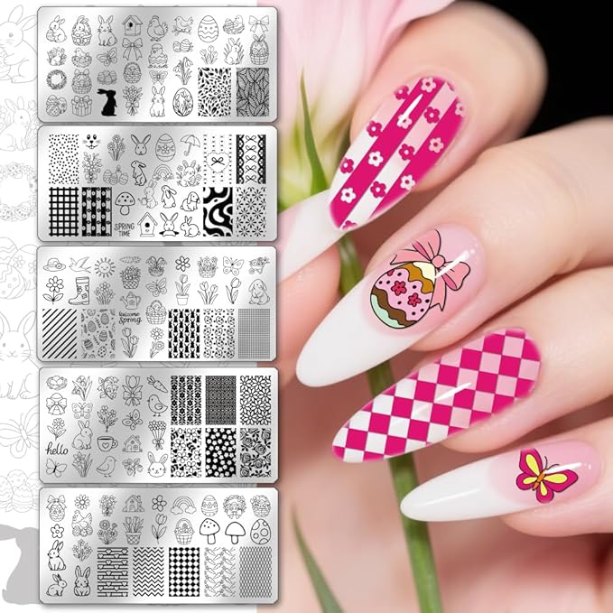 PH PandaHall 5pcs Easter Nail Stamp Plate Cute Bunny Chick Nail Art Template Easter Eggs Nails Image Plates Mushroom Spring Manicures Art Template for Women Holiday Manicure DIY Designs Decorations