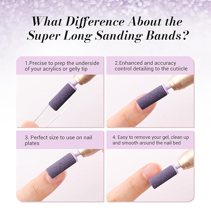 MelodySusie 50 Pcs Nail Drill Bits Super Long Sanding Bands with 6.65mm Crystal Mandrel Bit, 180 Fine Grit Nail File for Acrylic Nails Gel Manicures and Pedicure, Purple