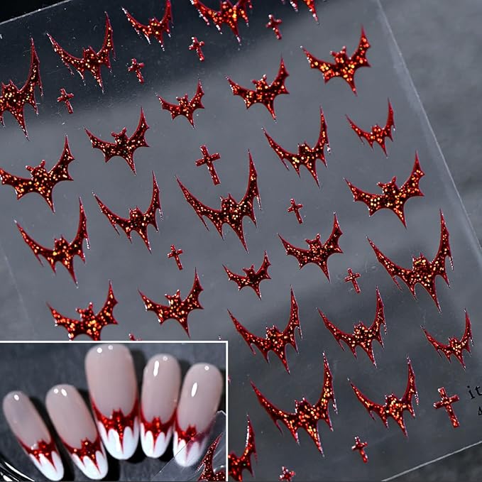 Halloween Nail Stickers Bat Nail Art Decals Red Bronzing Self-adhesive Nail Stickers Shiny Bat Nail Art Supplies French Tip Manicure Decals Cute Halloween Nails Accessories for Women Nails Decorations