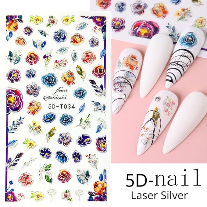 4 Sheets Flower Nail Art Stickers 5D Embossed Nail Decals Flowers Petals Leaf Nail Design Spring Sticker Geometry Engraved Floral Adhesive Foils Summer Leave Butterfly For Nail Art Manicure Decoration