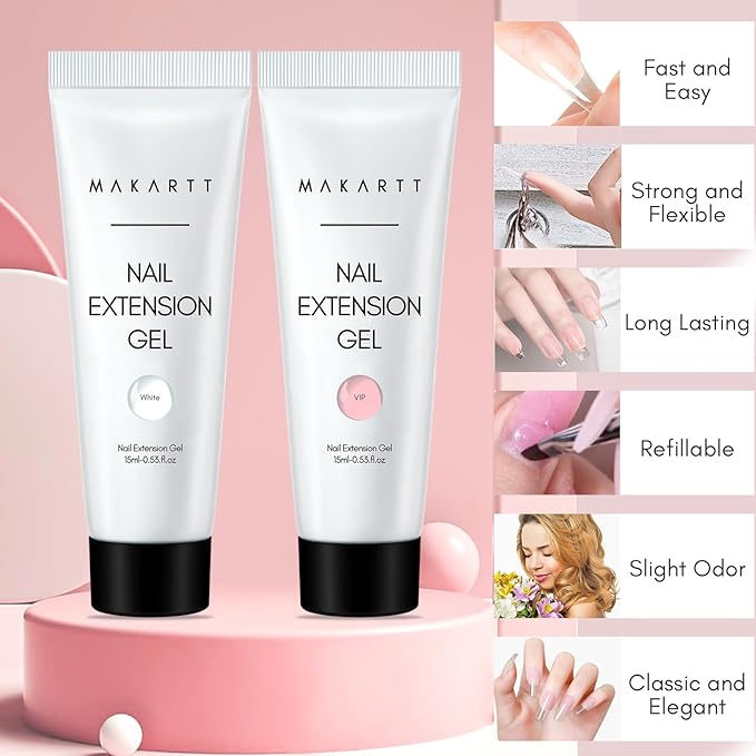 Makartt Poly Nail Gel French Manicure Kit : White Pink Hard Gels for Extension 15ML, UV LED Nail Lamp, Base Top Coat, Dual Forms, 100/180 Nail File, Silicone French Nails Stickers, All in One Set