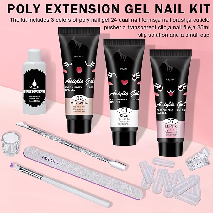 Poly Nail Gel Kit,10PCS Poly gel Nail Kit Starter Kit,Clear White Pink Builder Nail Gel,Kit De Poly gel Para Uñas Completo,with Slip Solution Dual Nail forms,Nail Clips for Poly Gel