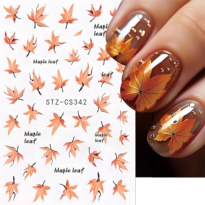 Fall Maple Leaves Nail Stickers for Thanksgiving, Fall Nail Art Decals 3D Self-Adhesive Cute Fox Pumpkin Bow Nails Stickers Nail Design 6Pcs Nail Art Supplies for Women Nail Decoration