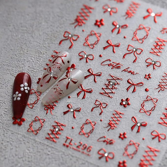5D Embossed Red Bows Nail Stickers, Nail Art Sticker with Crystal Rhinestones Self-Adhesive Nail Decals for Women Nail Supplies Art Design Stickers (1, Red)