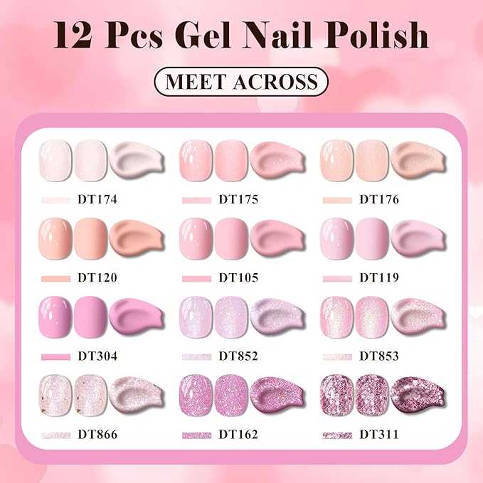 MEET ACROSS 12PCS Gel Nail Polish Set, 12 Colors Gel Nail Kit Art Design Soak Off UV LED,Nail Art Design Gifts for Women (Pink, 12PCS)