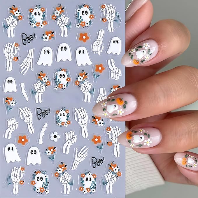 8 Sheets Cute Ghost Nail Stickers for Nail Art,5d Embossed Cute Ghost Nail Art Stickers Self Adhesive Pumpkin Spider Web Nail Decals Skeleton Flower Manicure Sliders for Women Nails Decorations