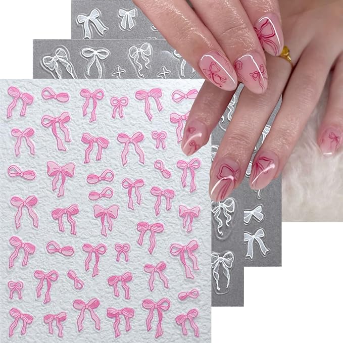 5D Embossed Bow Nails Stickers for Nail Art Self-Adhesive Bow Nail Art Stickers White Silver Pink Bow Ribbon Design Cute Nails Decals for Women Girls Acrylic Manicure Decorations DIY Supplies 3Sheets