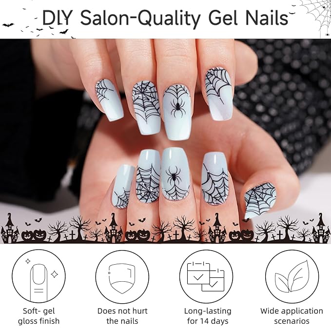 Halloween Semi Cured Gel Nail Strips, Spider | 28 pcs HalloweenSpider Gel Nail Strips Work with Any UV Lamp, Salon Quality Nails Stickers, Include Prep Pads, Nails File&Wood Stick