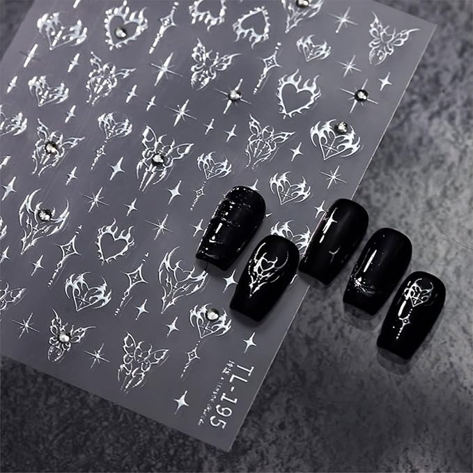 Silver Nail Art Sticker Decals Star Nail Stickers Butterfly and Heart with Design Self Adhesive Nail Decals 5D Embossed Rhinestone Manicure DIY Supply Decoration Accessories for Women