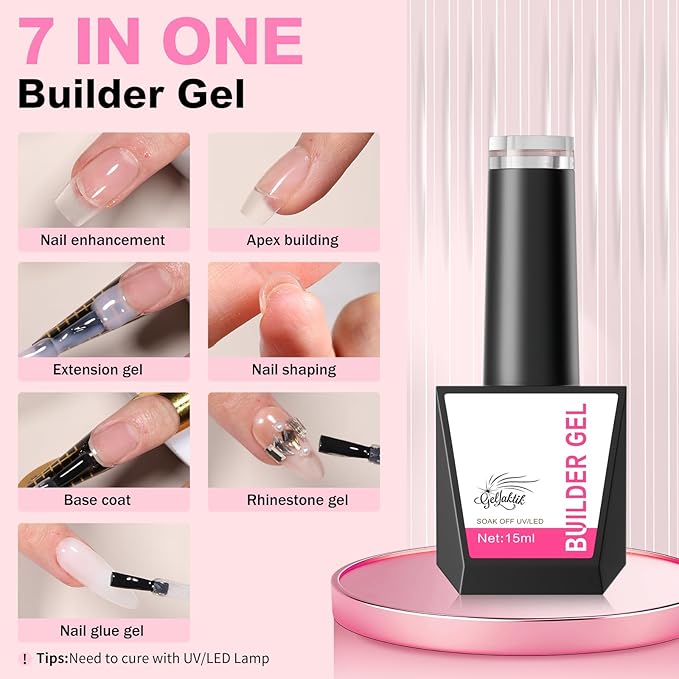 Builder Gel for Nails, 15ml 7 in 1 Builder Gel Nail Polish, LED Lamp Cured for Clear Rubber Base & Strengthener Extensions, Thickening, Repair, Salon-Quality DIY Manicure (White)