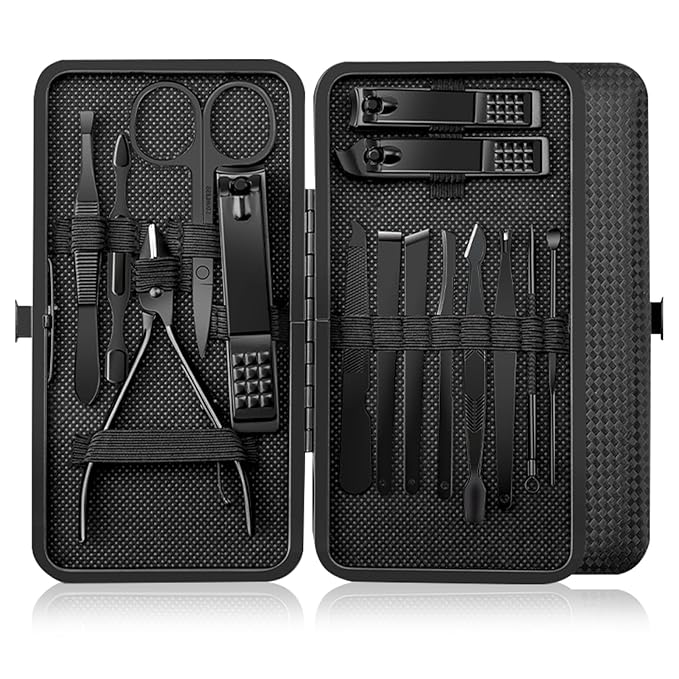 Professional 15-in-1 Stainless Steel Manicure & Pedicure Set - Luxury Grooming Kit for Men & Women with Leather Case, Travel Essentials for Nail & Foot Care(Black)