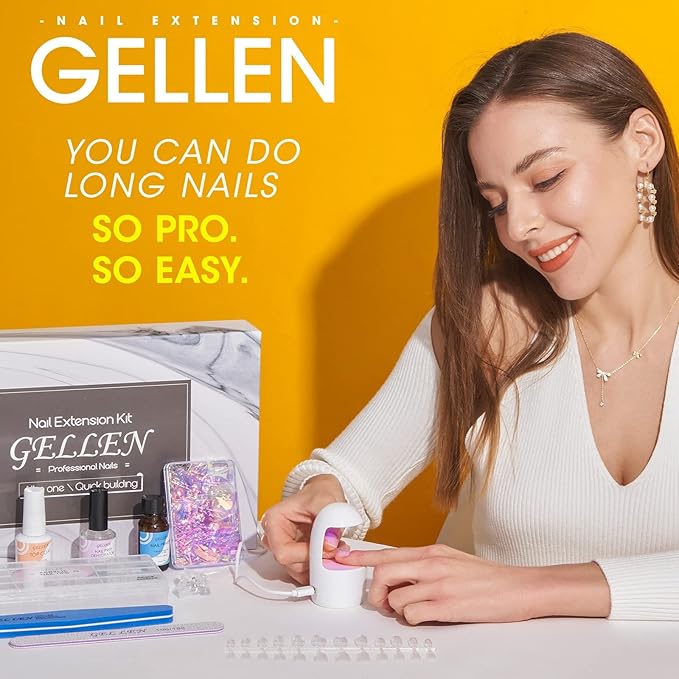 Gellen Gel Tips Nail Extension Kit, Gel Nail Kit with 240Pcs Almond Tips, 3 in 1 UV Glue for Nail Tips, Prep Dehydrator and Primer, U V LED Cure Lamp, Decorations for DIY Manicure Set