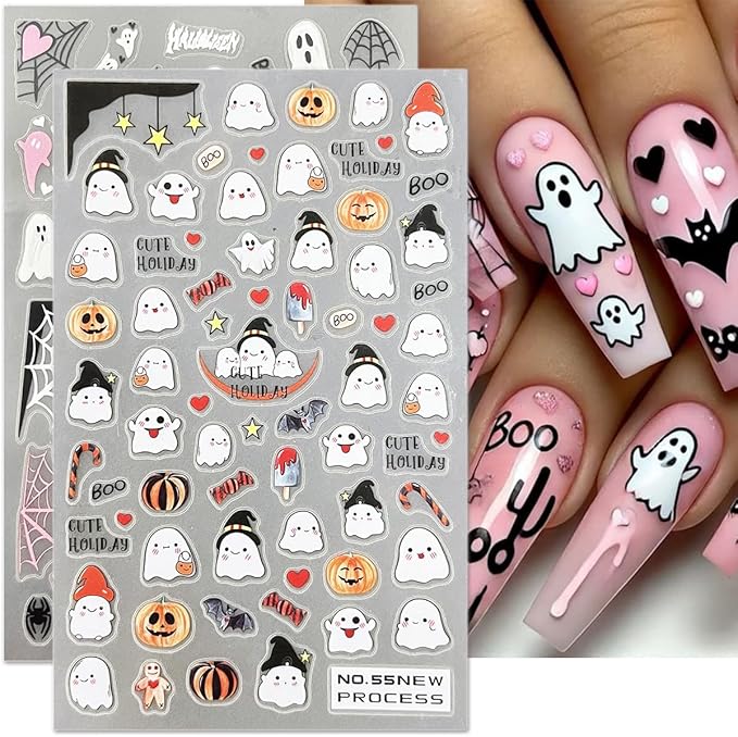 6 Sheets Halloween Nail Art Stickers Gothic Ghost Nail Decals Skull Pumpkin Spider Nail Design Horror Nail Stickers 3D Self-Adhesive Acrylic Nail Art Supplies for Women Girls DIY Halloween Manicure