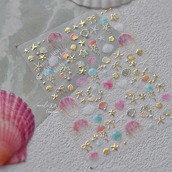 1 Sheets Summer Beach Nail Stickers for Nail Art 5D Embossed Nail Decals Shiny Silver Star Bow Seashell Starfish Design Ocean Theme Nail Art Stickers Summer Nails Sticker for Women Manicure Decoration