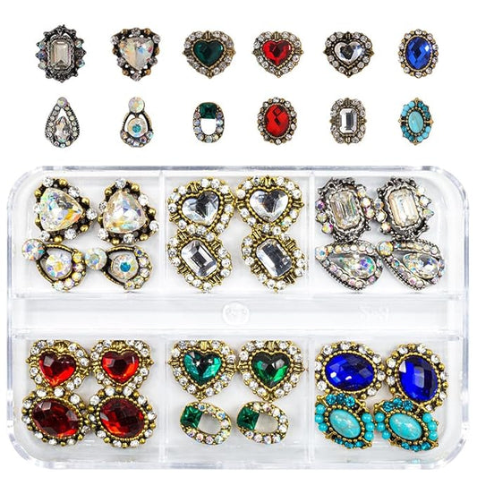 24 Pcs Retro Gold Nail Charms, qiipii 12 Pair 3D Alloy Luxury Nail Gems Elegant Heart Retro Rhinestones for Nails Golden Nail Crystals Diamonds Stones, Nail Art Supplies for Nails Decoration Crafts