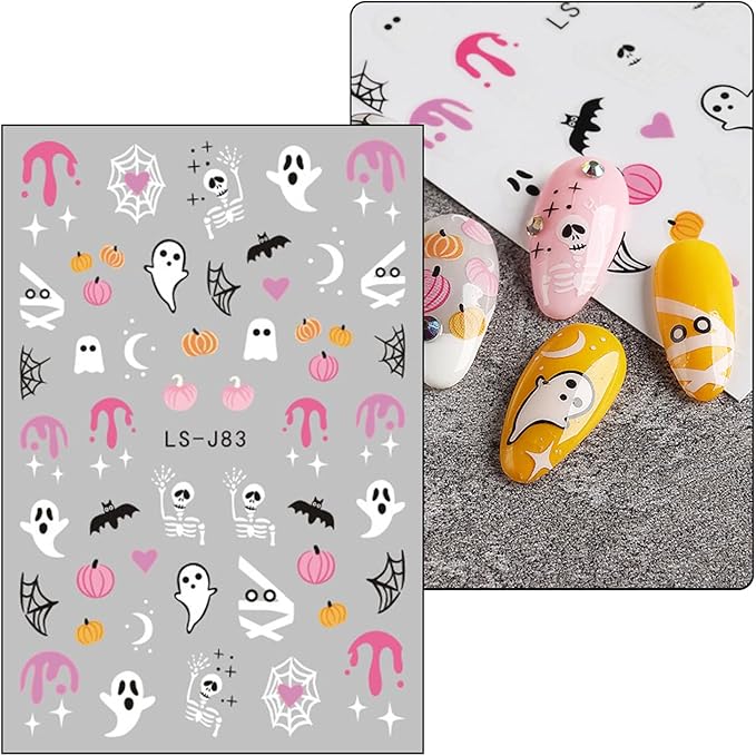 6 Pcs Halloween Nail Art Stickers,3D Self-Adhesive Nail Decals Ghost Cute Pumpkin Bat Cat and Skull Designs Nail Decorations Halloween DIY Manicure Supplies for Women Girls