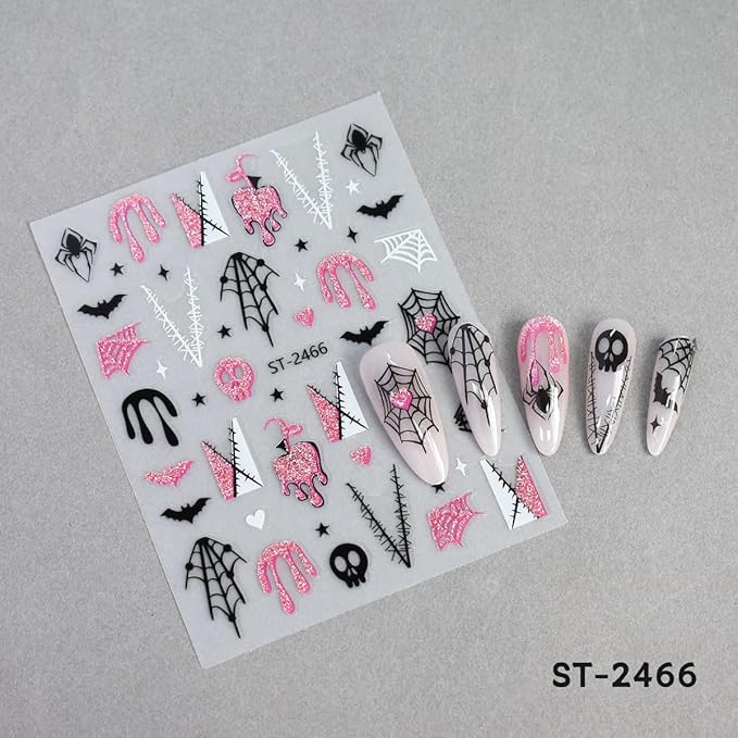 Halloween Nail Art Stickers, Cute Ghost Nail Art Decals 3D Self-Adhesive with Pink Bat Pumpkin Heart Skull Spider Web Nail Design 6Pcs Halloween Nail Art Supplies for Women Nail Decoration