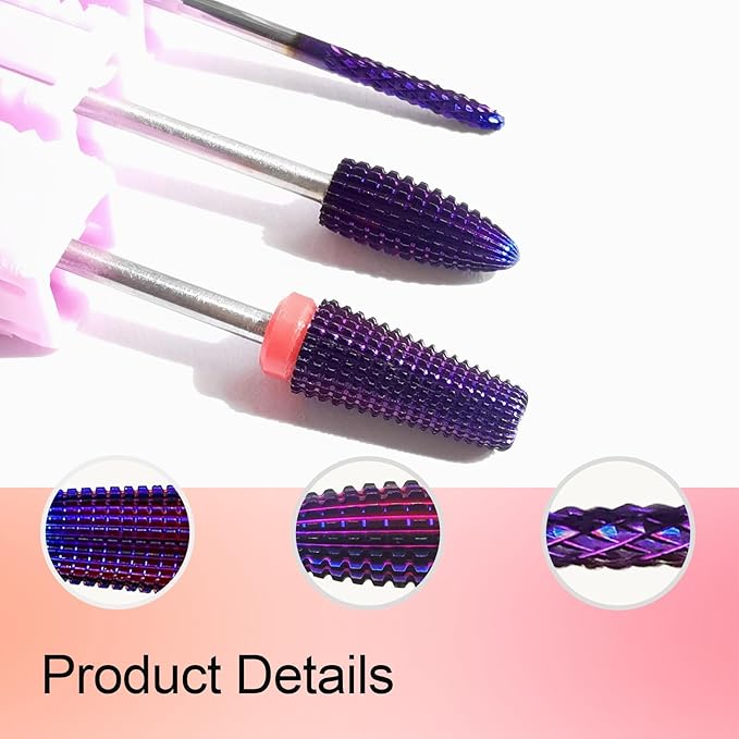 Nail Drill Bits, CORFULRA 5 in 1 Nail Drill Bit Tornado Nail Drill Bit Tungsten Carbide Cuticle Bit, Professional 3pcs Drill Bits for Nails,Acrylic Gel Remover,Under Nail Cleaner Callus Clean, Purple