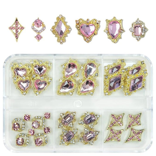 24pcs Pink Nail Luxury Nail Charms Heart Rhinestones Charms 3D Big Nail Gems Crystals Diamonds Jewelry Stones Alloy Studs Supplies Decoration for Arylic Nails Face Makeup DIY Crafts Jewerly