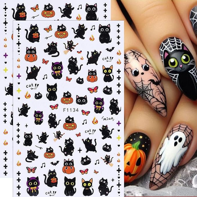 6Pcs Halloween Nail Stickers Cat Ghost Nail Decals DIY Self Adhesive Cute Cartoon Pumpkin Flower Butterfly Nail Design Supplies Halloween Nail Decoration for Women Girls Holiday Manicure Accessories