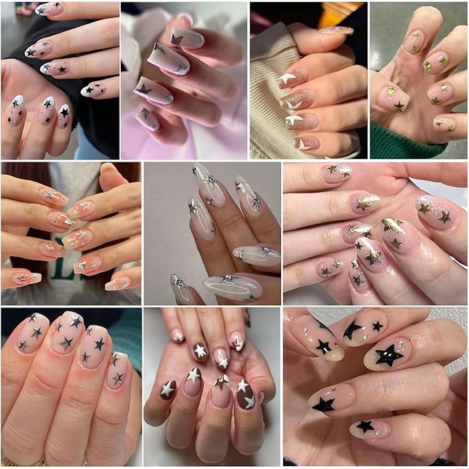 8Pcs Star Nail Stickers for Nail Art, 4 Color Star Nail Decals 3D Glitter Shiny Gold Silver White Black Stars Nail Designs Foil Transfer Sticker Pentagram Tip Slider DIY Manicure Decor Supplies