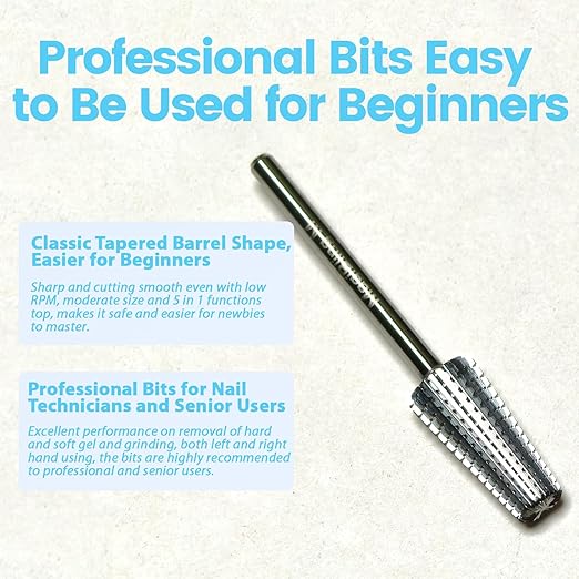 5 in 1 Nail Drill Bits, Straight Cut 3/32'' Professional Tungsten Carbide Bits, Two-way Rotation Easy for Left Hand, Hard Soft Gel Removal Fast Manicure Polishing, Extra Coarse
