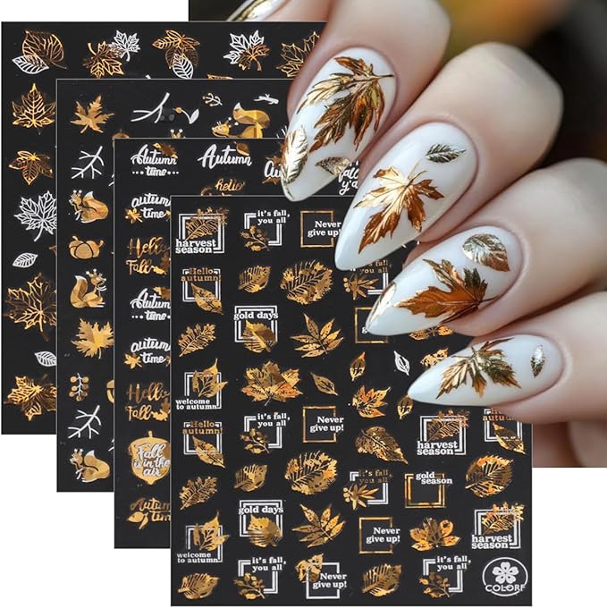 8 Sheets Bronzing Fall Nail Art Stickers Decals 3D Self-Adhesive Laser Gold White Leaves Flowers Nail Decals Autumn Maple Leaf Nails Design Stickers Thanksgiving Nail Art Supplies for Women