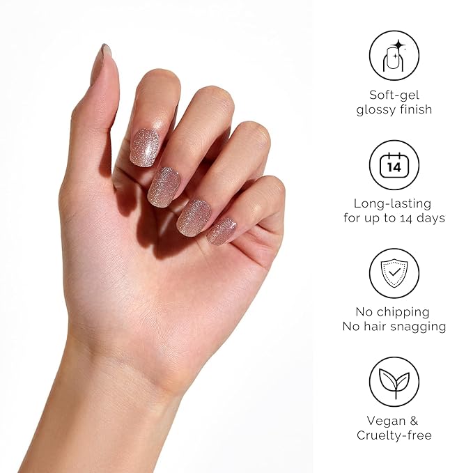 NAILOG Semi Cured Gel Nail Strips - 34 pcs | Buy 2 Get 1 UV Lamp | Long Lasting Nail Polish Sticker Wraps with Glossy Gel Finish, Nude Gleam