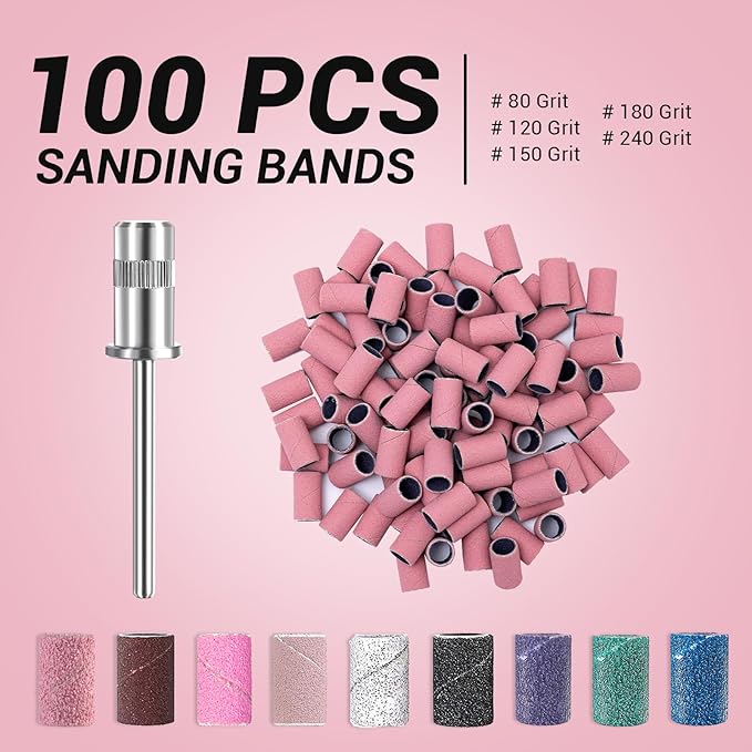 MelodySusie 100 Pcs Nail Drill Bits Sanding Bands for Nail Drill 240 Extreme Fine Grit Nail File Sanding Bands for Acrylic Nails Gel Manicures and Pedicure, Pink