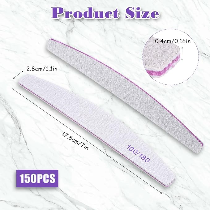 150Pcs 100/180 Nail File Sanitize Nail Files and Buffers Double Side Coarse for Acrylic Natural Extension Nails Emery Boards Manicure Tool for Acrylic Nails Toenails Removal Manicure Salon Home