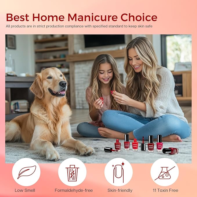 Morovan Red Nail Polish Set: Glitter Bright Burgundy Cherry Christmas Red Fingernail Polish Kit Shimmer Sparkle Air Quick Dry Nail Polish Pack for Nail Art Manicure Holiday Party Gift for Women Girls