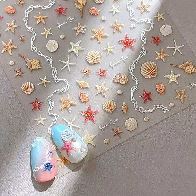 2 Sheets Summer Nail Art Stickers Ocean Theme Nail Decals Self-Adhesive Fish Shell Starfish Nail Design Stickers 5D Embossed Nail Supplies for Women Nail Art Decorations