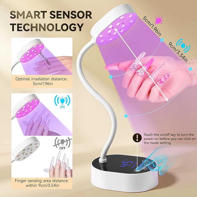 AORAEM UV Nail Lamp, Gooseneck Mini U V Light for Gel Nails, 36W Rechargeable LED Flash Cure Lamps with 4 Timers & Auto Sensor, Quick Dry Professional Nail Dryer for Salon Home DIY Use, White