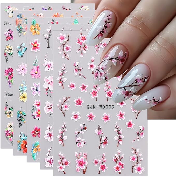 JMEOWIO 6 Sheets Flower Nail Art Stickers Decals Self-Adhesive Spring Summer Floral Nail Supplies Nail Art Design Decoration Accessories