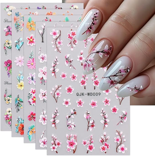 JMEOWIO 6 Sheets Flower Nail Art Stickers Decals Self-Adhesive Spring Summer Floral Nail Supplies Nail Art Design Decoration Accessories