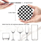Drink Coasters with Holder Stand Set of 6 Black and White Checkerboard Pu - Image 3