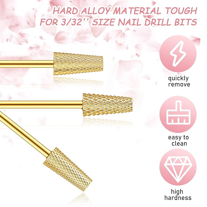 3 Pieces Tapered Barrel Carbide Nail Drill Bit, 3 Sizes Carbide Nail Drill Bit Acrylic File Cuticle, Art Tools for Gel Manicure Pedicure(XF, F, M,Gold)